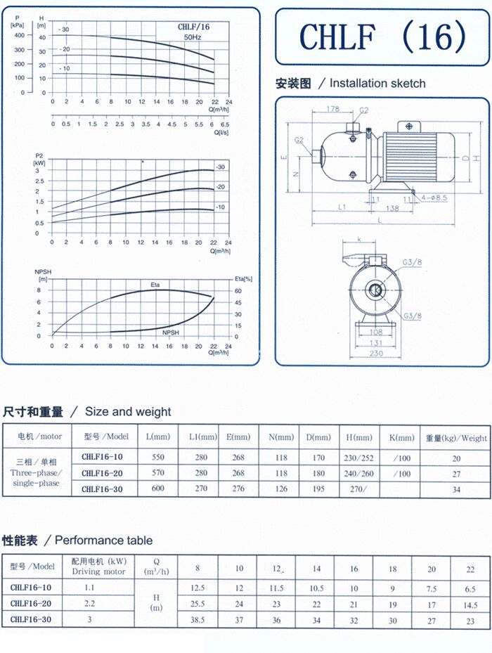 CHLF輕型立式不銹鋼多級(jí)離心泵安裝圖、尺寸、性能